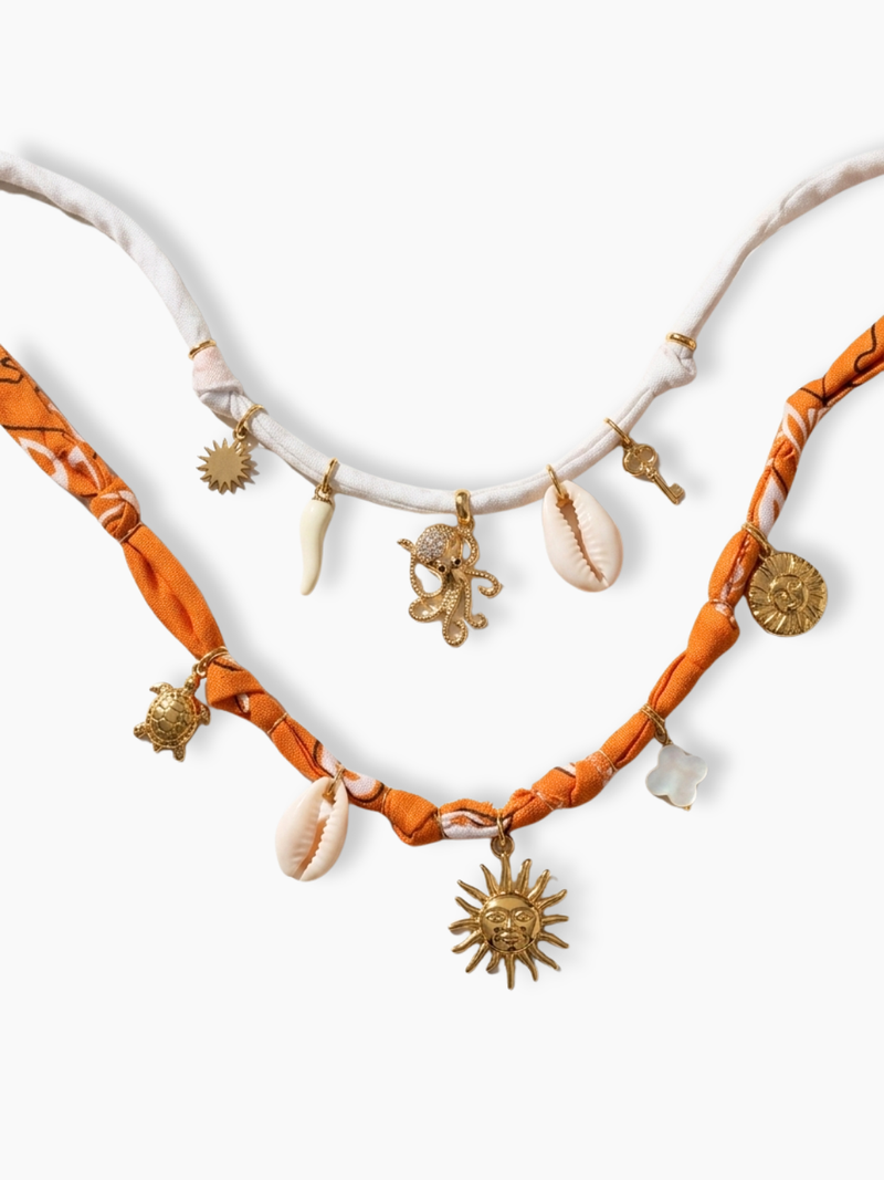 Collier bandana coton et acier inoxydable personnalisable avec charms dorés