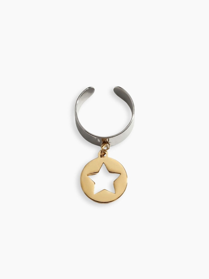 Bague bicolore médaille étoilée dorée, acier inoxydable
