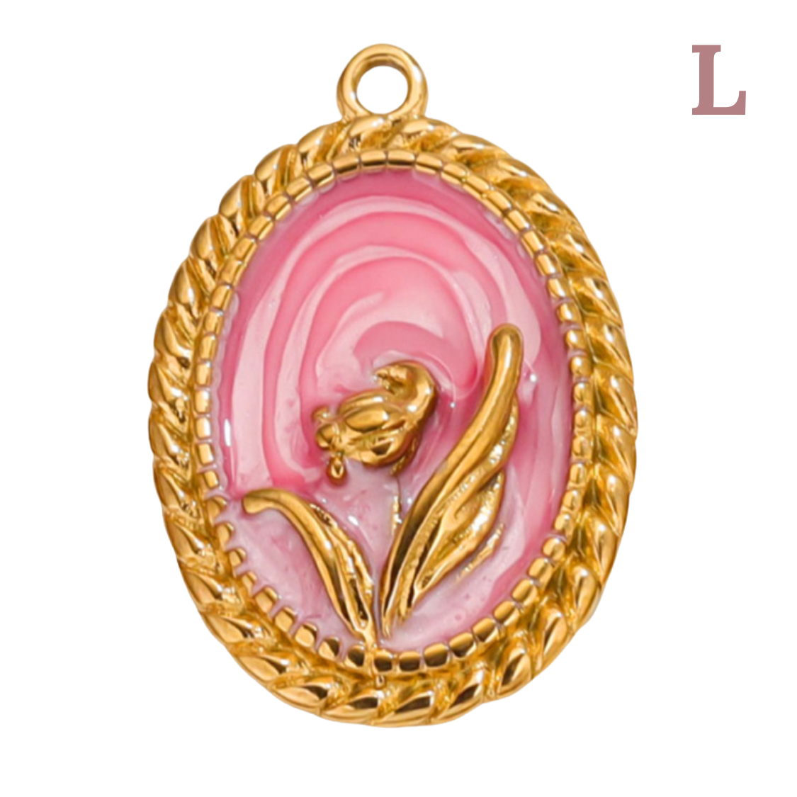 Charm Médaille ovale rose et fleur