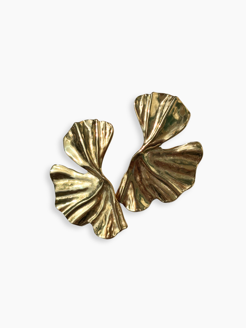 Boucles d'oreilles sculpturales Ginkgo, acier plaqué or